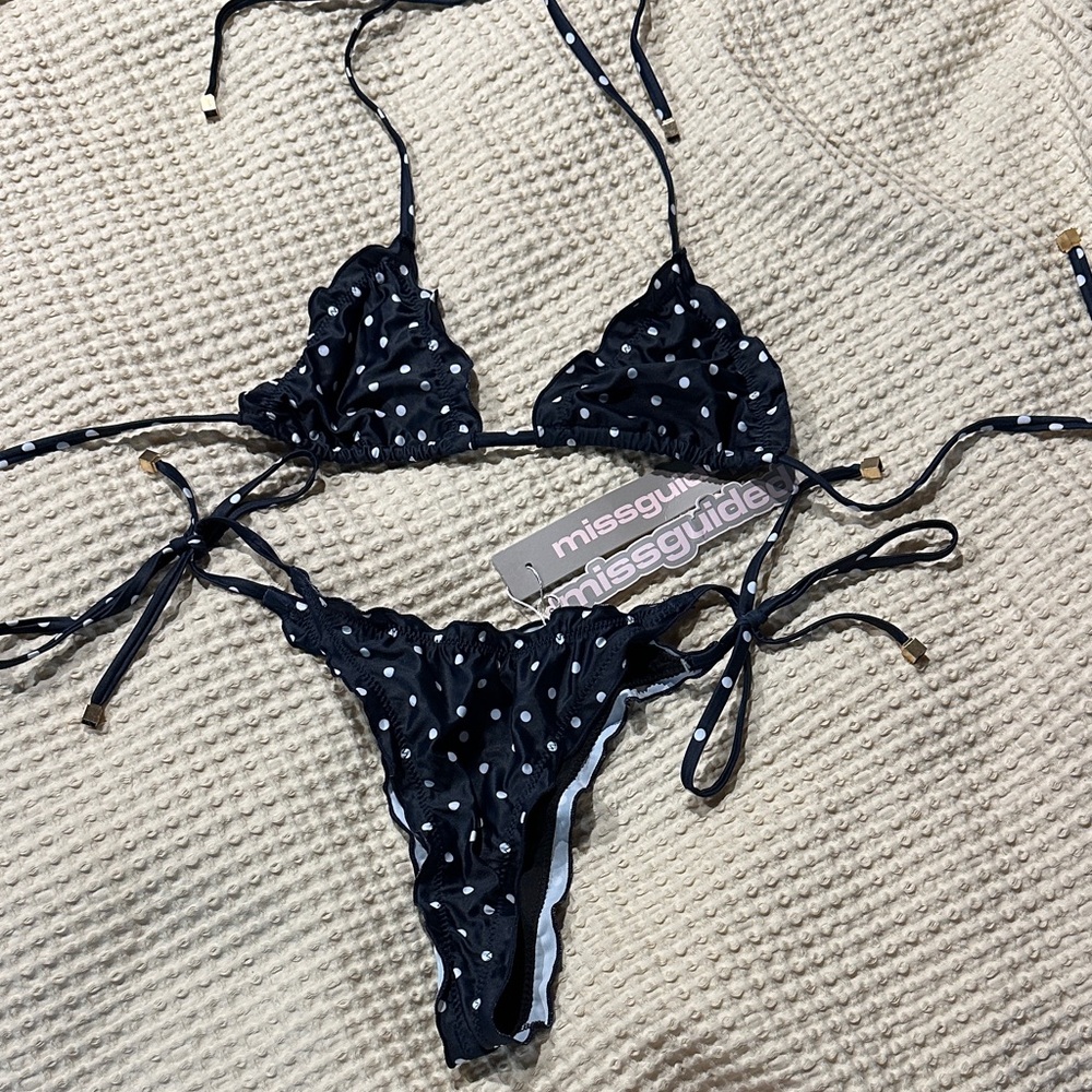 Missguided Navy Blue & White Polka Dot String Bikini